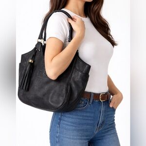 Tory Burch Thea Round Tote Black Leather Shoulder Bag